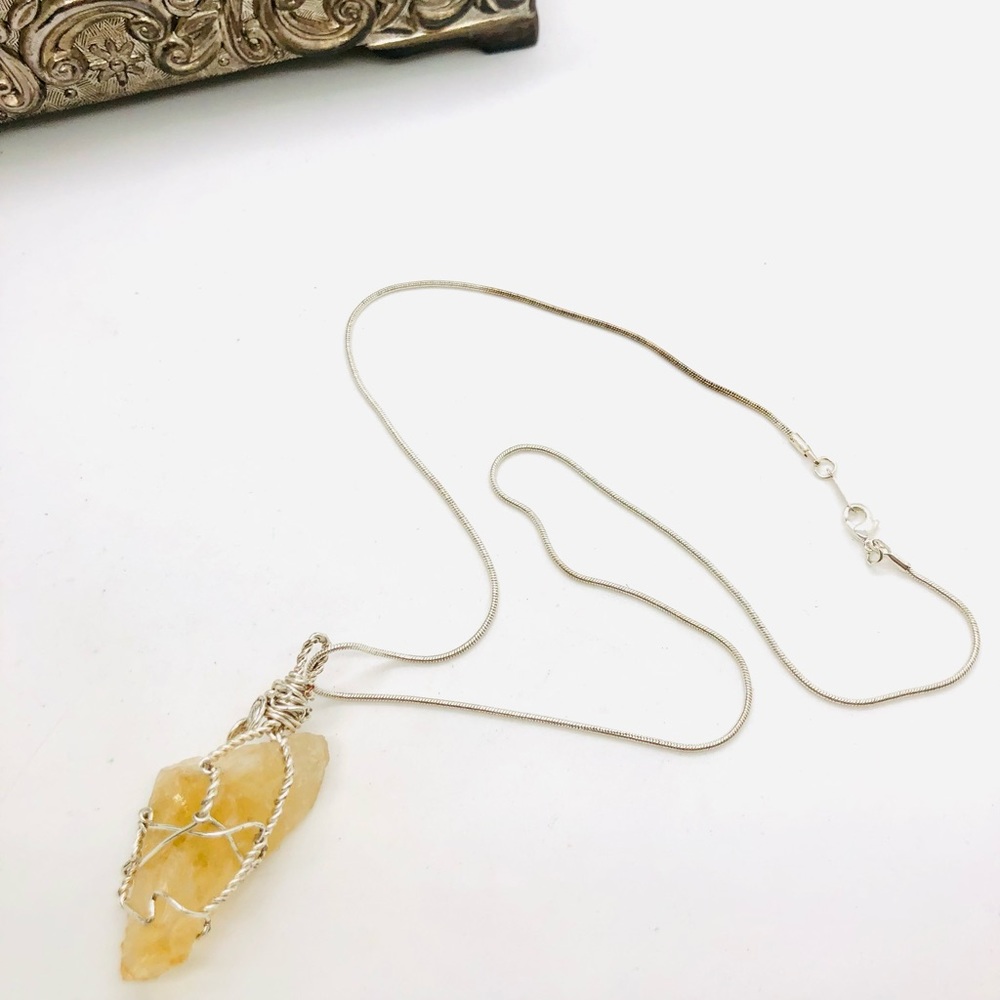 Vintage Raw Citrine Crystal Pendant Silver Necklace